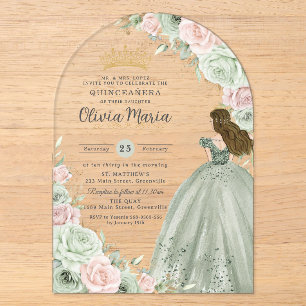 Invitations En Acrylique Vert sauge rose floral princesse Quinceañera