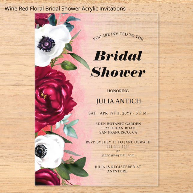 Invitations En Acrylique Vin Fête des mariées Florale Rouge (Créateur téléchargé)
