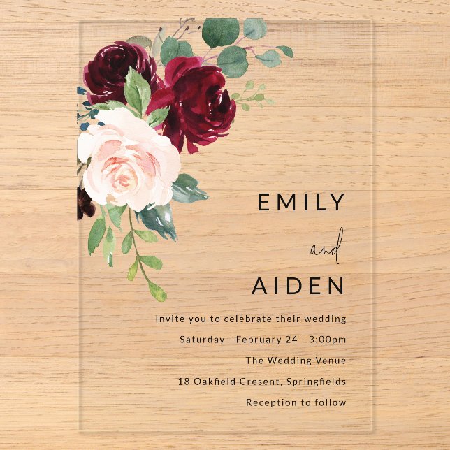 Invitations En Acrylique Vin rouge Bourgogne et Mariage floral (Recto)