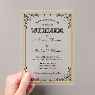 Invitations En Acrylique Vintage Art Déco Elégant Black White Gold Mariage