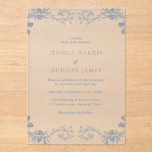 Invitations En Acrylique Vintage Bleu Classique Élégance Floral Mariage