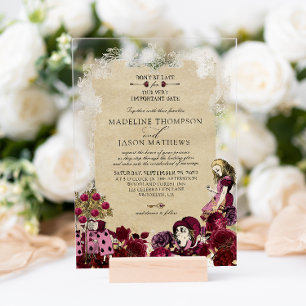 Invitations En Acrylique Vintage Burgundy Gold Alice en Wonderland Mariage