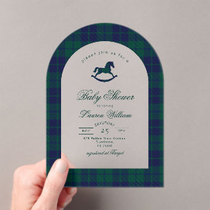 Invitations En Acrylique Vintage Classic Plaid Baby shower Rocking Horse