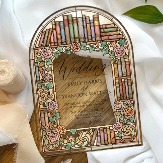 Invitations En Acrylique Vintage Library Books Stained Glass Arch Wedding