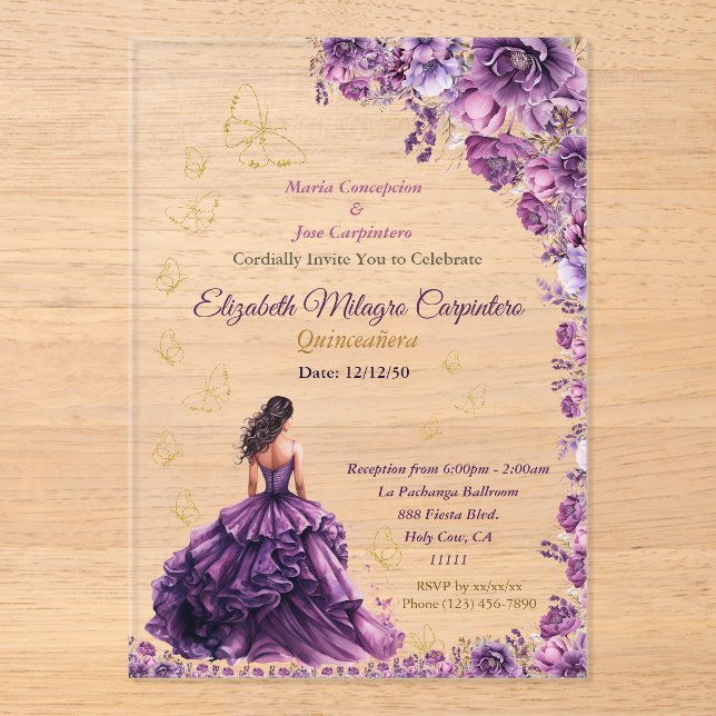 Invitations En Acrylique Violet violet Lilac Lavender Mauve Quinceañera (Recto)