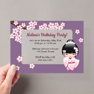 Invitations En Acrylique Vitre transparente rose Kokeshi Anniversaire viole
