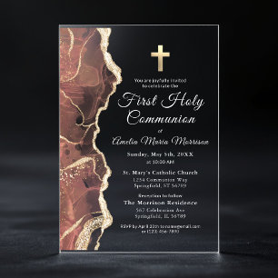 Invitations En Acrylique Vive Rose Or Agate Première Sainte Communion Fille