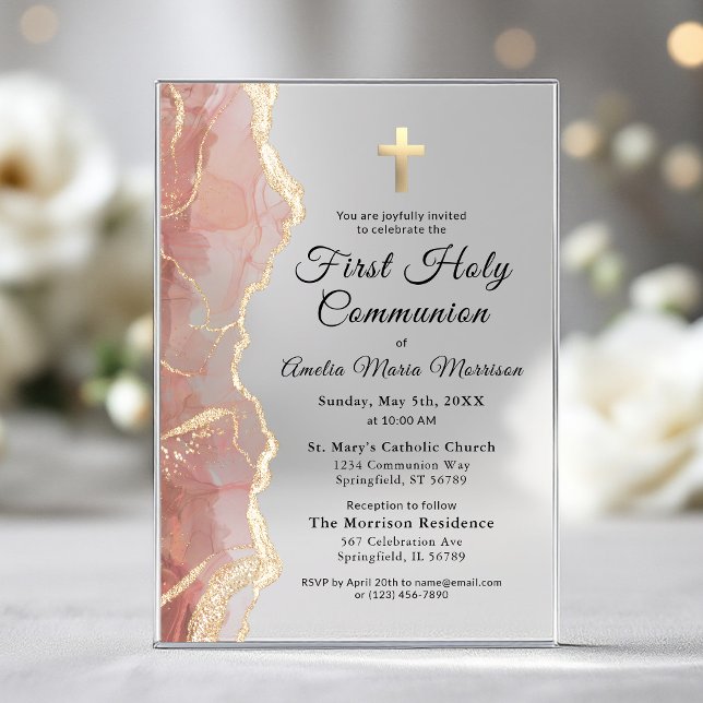 Invitations En Acrylique Vive Rose Or Agate Première Sainte Communion Fille (Créateur téléchargé)