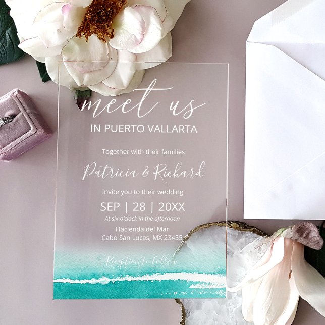 Invitations En Acrylique Watercolor Beach Caraïbes Destination Mariage (Créateur téléchargé)
