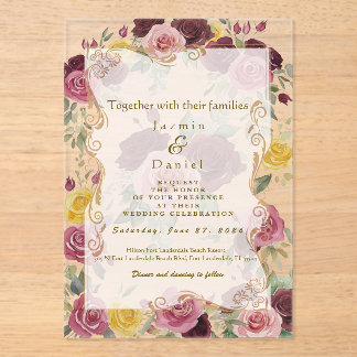 Invitations En Acrylique Watercolor Dusty Burgundy Yellow Roses/Clear