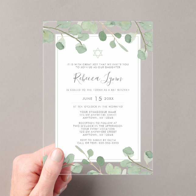 Invitations En Acrylique Watercolor Eucalyptus Bat Mitzvah (In situ (ordinateur de poche))