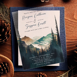 Invitations En Acrylique Watercolor Mountains Pine Forest Script Mariage