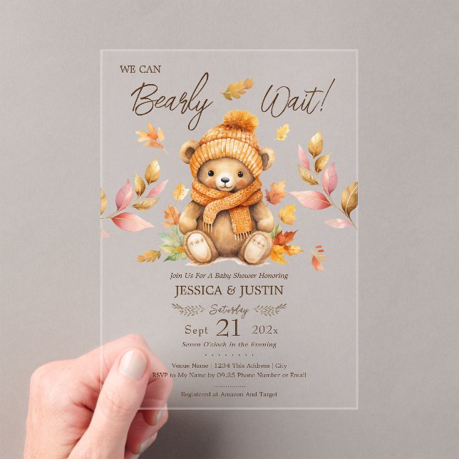 Invitations En Acrylique We Can Bearly Wait Pink Fall Baby Shower (In situ (ordinateur de poche))