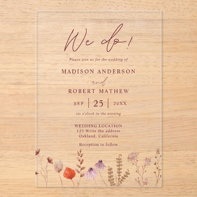 Invitations En Acrylique We Do! Boho Botanical Rustic Wildflower Wedding (Recto)