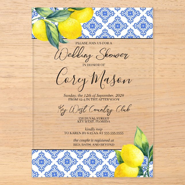 Invitations En Acrylique Wedding shower citron (Recto)