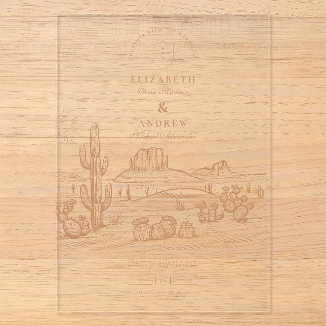 Invitations En Acrylique Western Boho Cactus Mariage du paysage du désert (Recto)