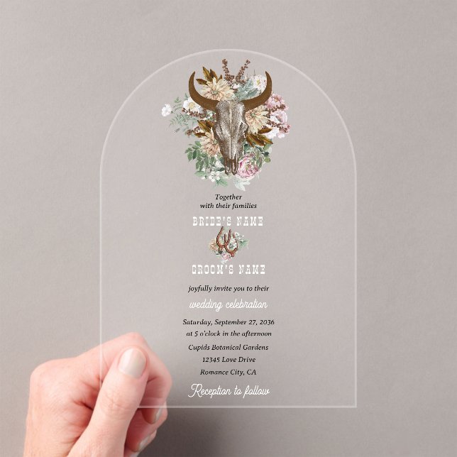 Invitations En Acrylique Western Country Cowboy Boho Cow Mariage crâne (In situ (ordinateur de poche))