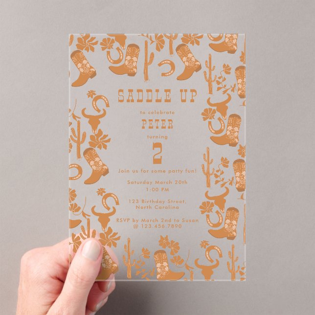 Invitations En Acrylique Western Country Cowboy Bottes Saddup Anniversaire (In situ (ordinateur de poche))