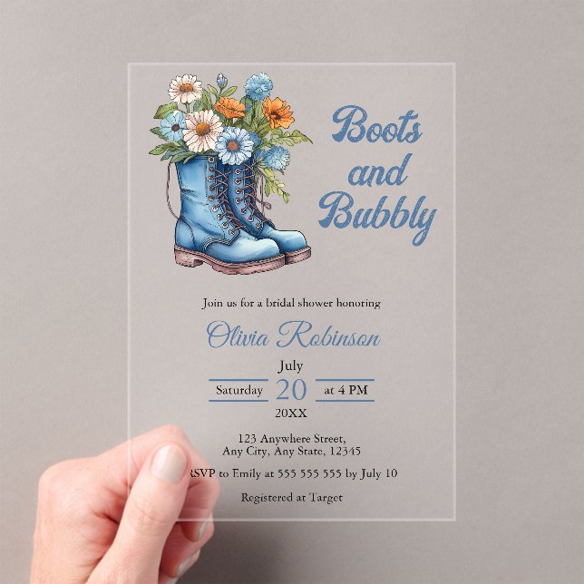 Invitations En Acrylique Western Cowgirl Blue Boots & Bubbly Bridal Shower  (In situ (ordinateur de poche))