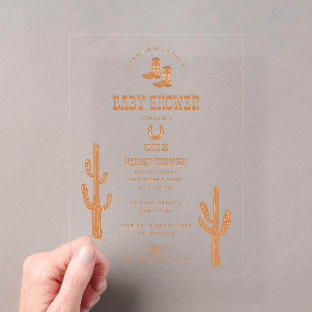 Invitations En Acrylique Western Earth Tone Country Baby Boots douche (In situ (ordinateur de poche))