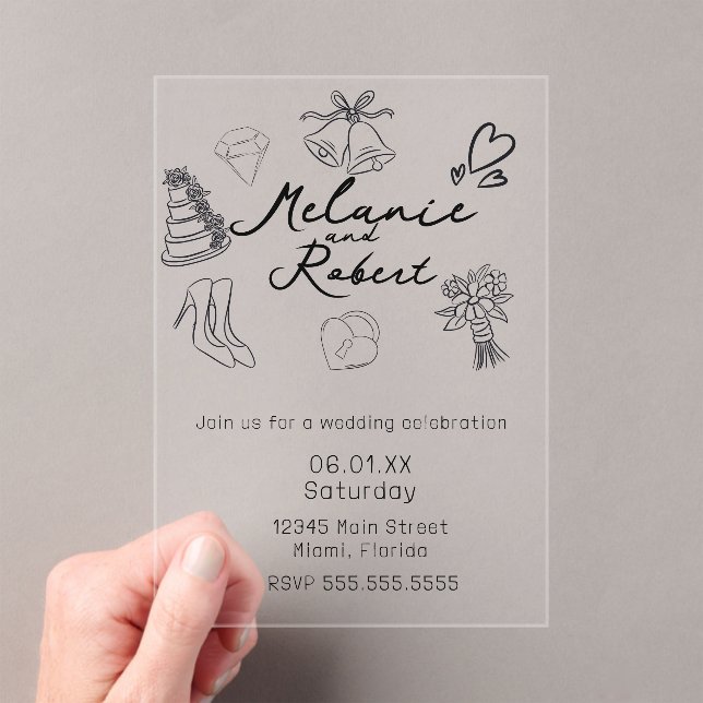 Invitations En Acrylique Whimiscal Cute Doodles Black White Wedding (In situ (ordinateur de poche))