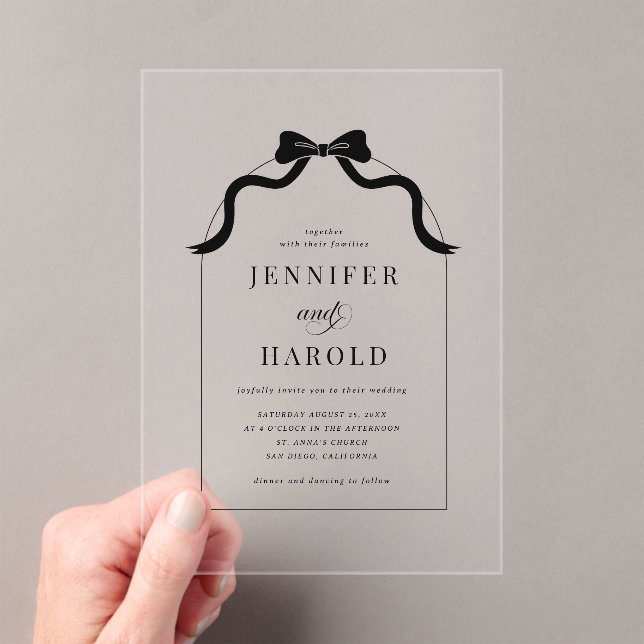 Invitations En Acrylique Whimsical Black Bow Français tout en un Mariage d' (In situ (ordinateur de poche))