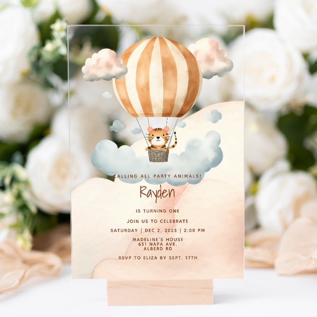 Invitations En Acrylique Whimsical Cute Tiger Hot Air ballon 1er Anniversai (Créateur téléchargé)