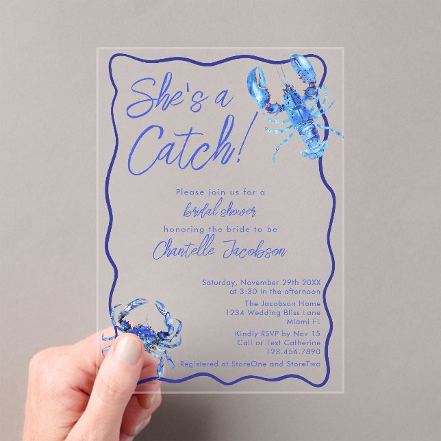 Invitations En Acrylique Whimsical She's a Catch Blue Coastal Fête des mari (In situ (ordinateur de poche))