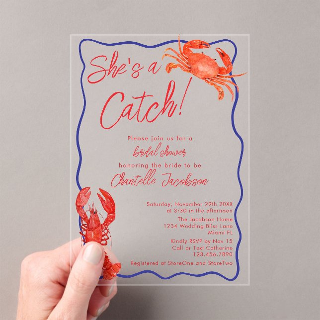Invitations En Acrylique Whimsical She's a Catch Red Coastal Fête des marié (In situ (ordinateur de poche))