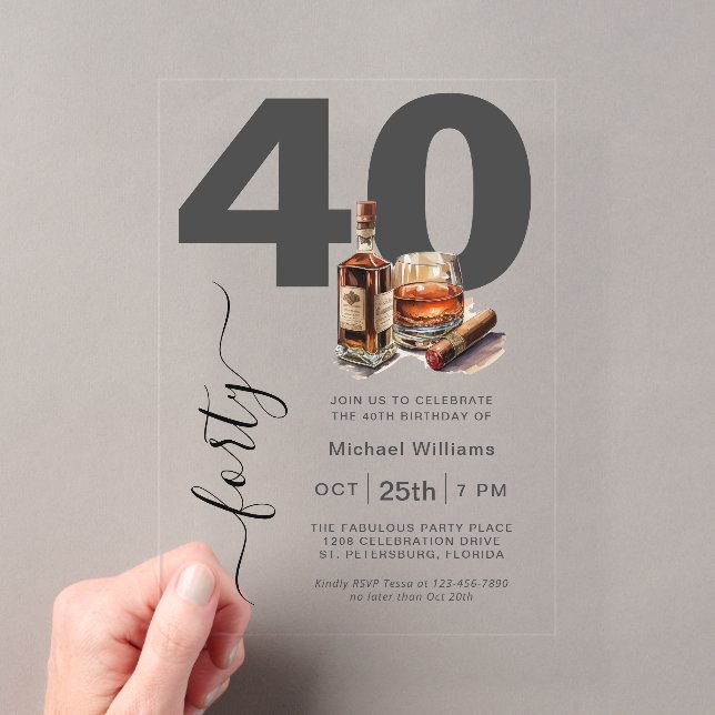 Invitations En Acrylique Whiskey et Cigars Masculine 40e fête d'anniversair (In situ (ordinateur de poche))