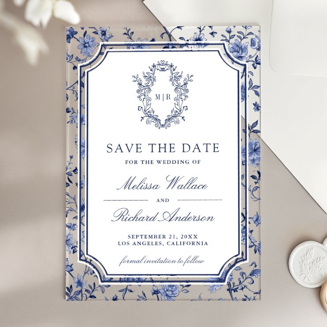Invitations En Acrylique White Blue Chinoiserie Crest Wedding Save the Date (Créateur téléchargé)