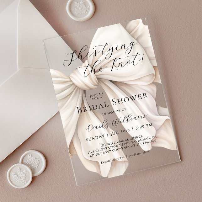 Invitations En Acrylique White Bow She's Tying the Knot Fête des mariées (Créateur téléchargé)