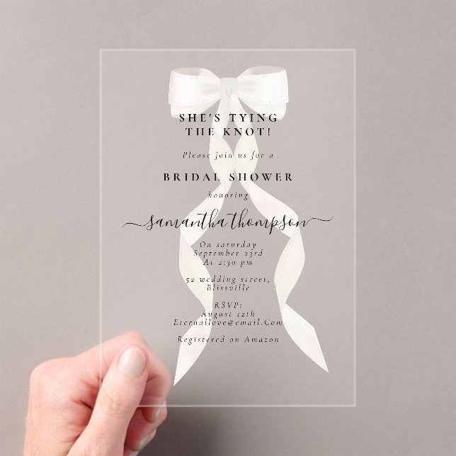 Invitations En Acrylique White Bow She's Tying the Knot Fête des mariées Pa (In situ (ordinateur de poche))