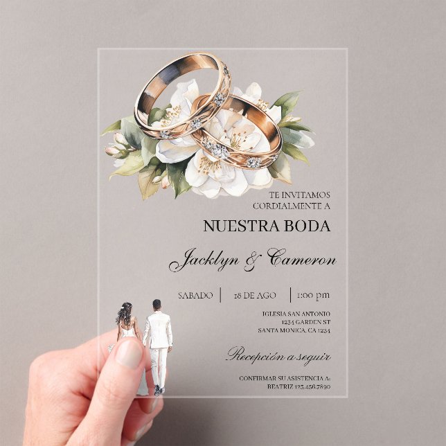 Invitations En Acrylique White Floral with ring Spanish Wedding (In situ (ordinateur de poche))