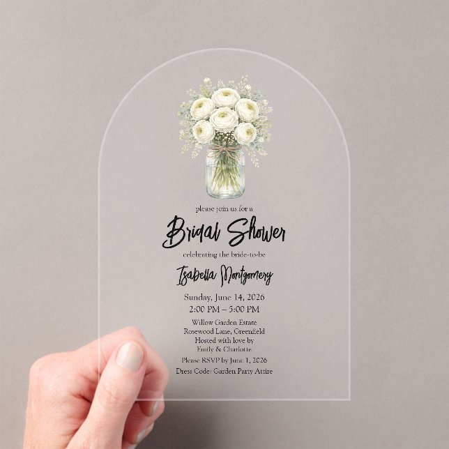Invitations En Acrylique White Palette Ranunculus Mason Jar Bridal Shower (In situ (ordinateur de poche))