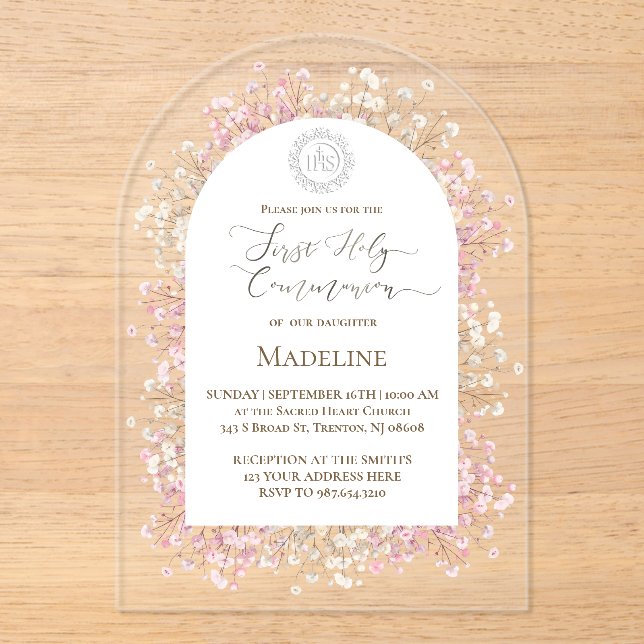 Invitations En Acrylique white pink flowers First Holy Communion (Recto)