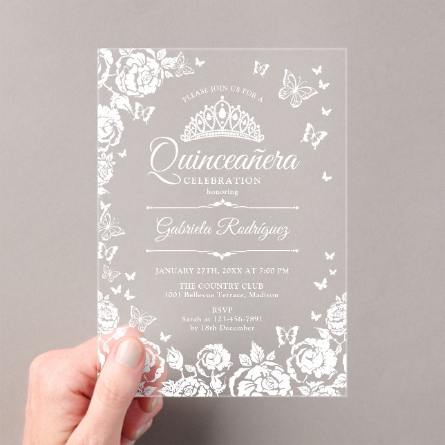 Invitations En Acrylique White Quinceanera Roses Butterflies (In situ (ordinateur de poche))