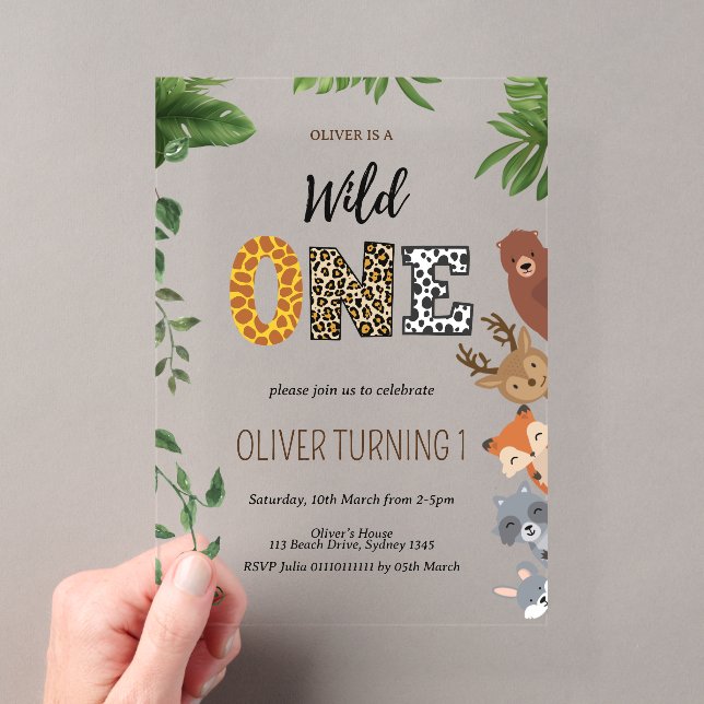 Invitations En Acrylique Wild One animal en lettres vert 1er anniversaire (In situ (ordinateur de poche))