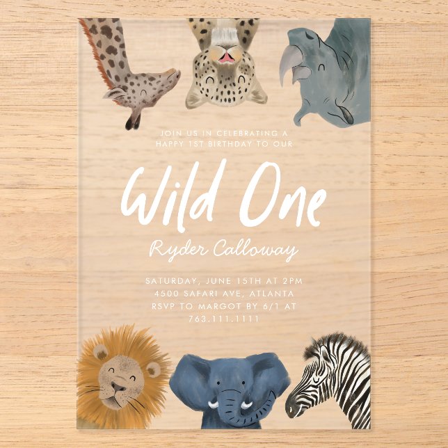Invitations En Acrylique Wild One Safari Animaux Garçon fête d'anniversaire (Recto)
