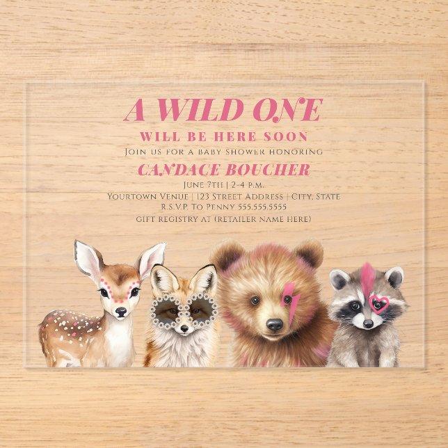 Invitations En Acrylique Wild One Woodland Animaux Festival Baby shower (Recto)