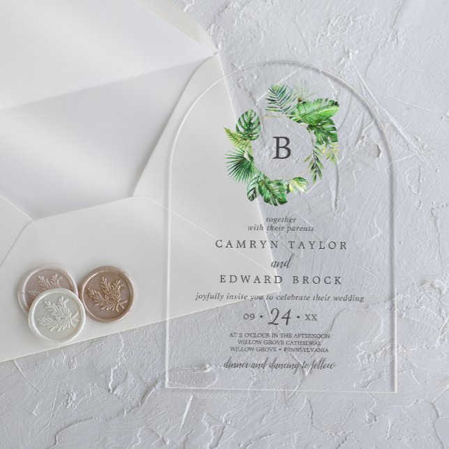 Invitations En Acrylique Wild Tropical Palm Arch Destination Plage Mariage (Wild Tropical Palm Arch Destination Beach Wedding Acrylic Invitations)