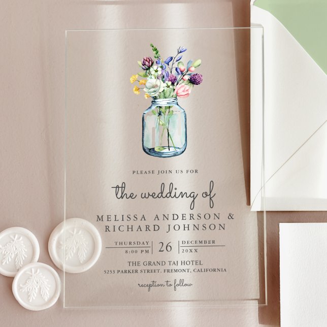 Invitations En Acrylique Wildflower Mason Jar Wedding (Créateur téléchargé)