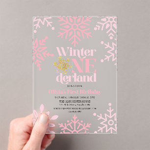 Invitations En Acrylique Winter Onederland Pink Gold Snowflake 1er annivers