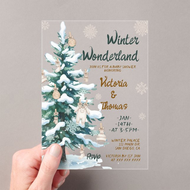 Invitations En Acrylique Winter Wonderland Green Neutral Baby Shower (In situ (ordinateur de poche))