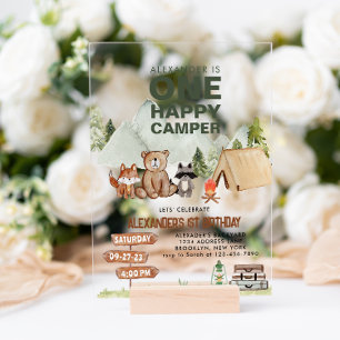 Invitations En Acrylique Woodland One Happy Camper Anniversaire de enfant d