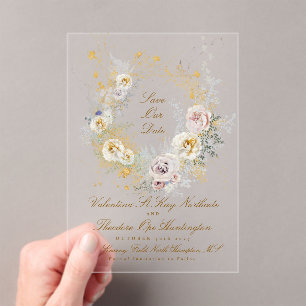 Invitations En Acrylique wreath florale doré blanc photo enregistrer la dat