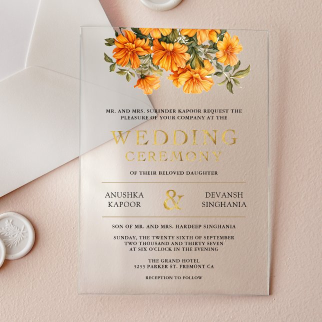 Invitations En Acrylique Yellow Marigold Floral South Indian Wedding (Créateur téléchargé)