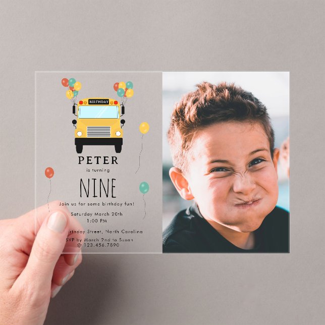 Invitations En Acrylique Yellow School Bus Kids Birthday Party Custom Photo (In situ (ordinateur de poche))