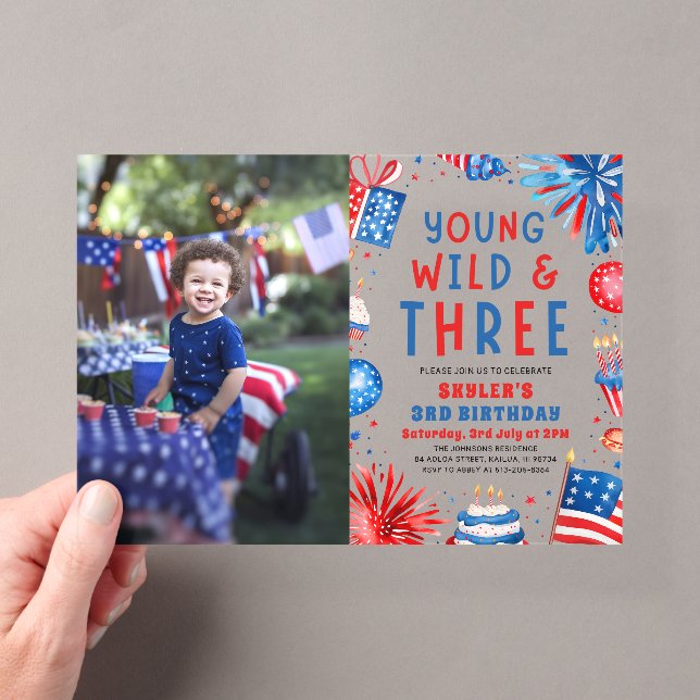 Invitations En Acrylique Young Wild et Three 4 Juillet 3 Anniversaire (In situ (ordinateur de poche))