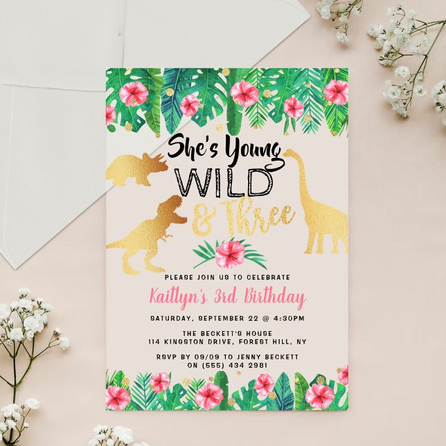 Invitations En Acrylique Young Wild & Three Dinosaur Girls 3e anniversaire (Créateur téléchargé)